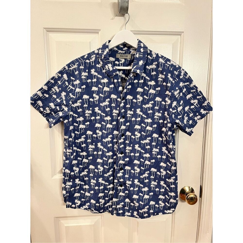 Kenneth Cole Blue & White Palm Tree Print Shirt Sleeve Button Down Shirt sz M EU